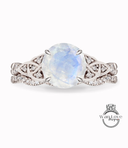Moonstone & Diamond Celtic knot Infinity Round engagement ring set rose gold curved nesting wedding band antique bridal set anniversary gift