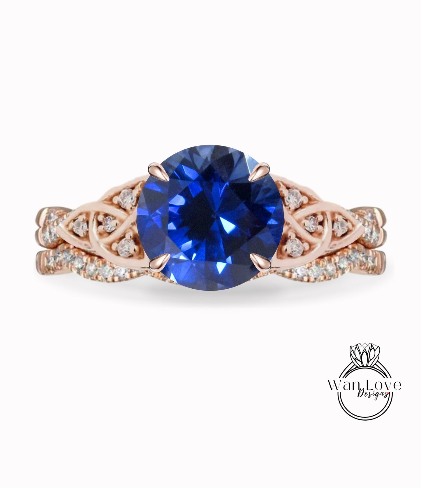 Blue Sapphire & Diamond Celtic knot Infinity Round engagement ring set rose gold curved nesting wedding band antique bridal set anniversary gift