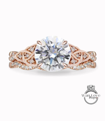Moissanite & Diamond Celtic knot Infinity Round engagement ring set rose gold curved nesting wedding band antique bridal set anniversary gift