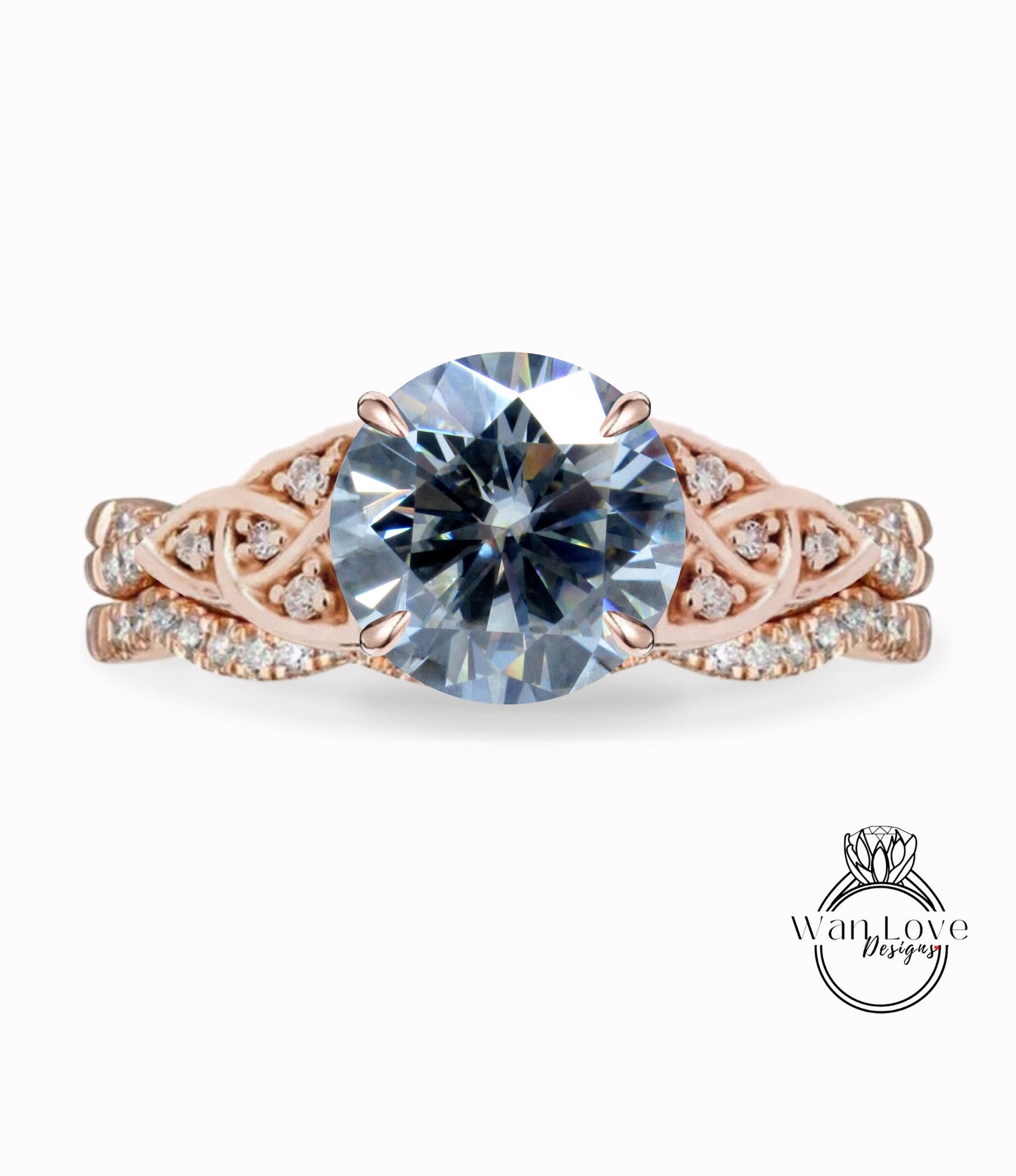 Gray Moissanite & Diamond Celtic knot Infinity Round engagement ring set rose gold curved nesting wedding band antique bridal set anniversary gift