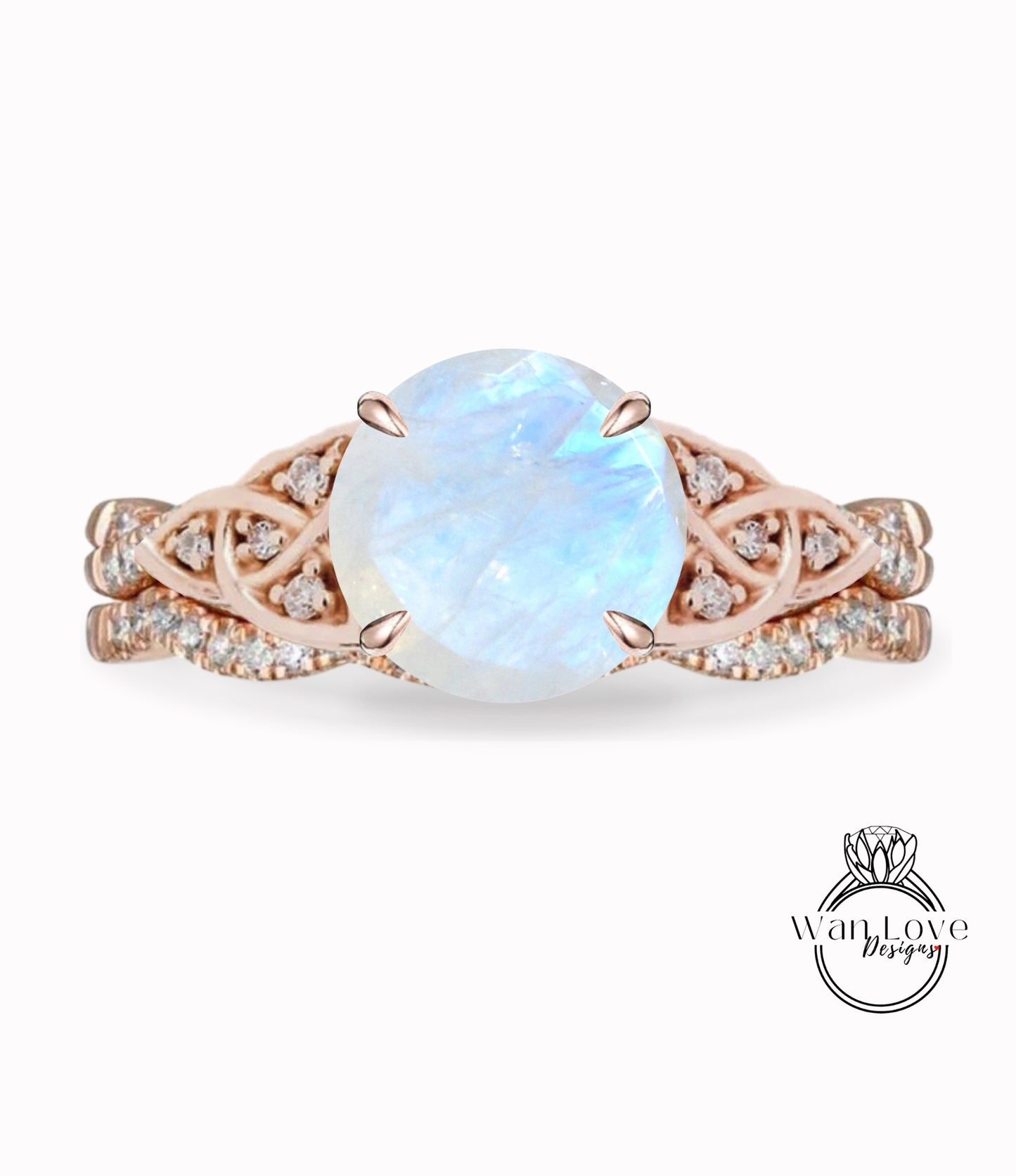 Moonstone & Diamond Celtic knot Infinity Round engagement ring set rose gold curved nesting wedding band antique bridal set anniversary gift