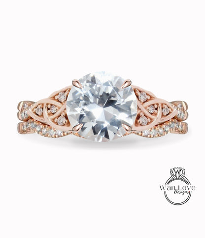 White Sapphire & Diamond Celtic knot Infinity Round engagement ring set rose gold curved nesting wedding band antique bridal set anniversary gift