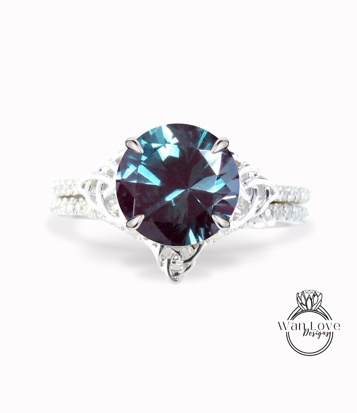 Alexandrite & Celtic knot Alexandrite Bridal Rings Set, Celtic Diamond Rings, Round Engagement Ring, Curved Diamond Wedding Band, Anniversary Ring gift