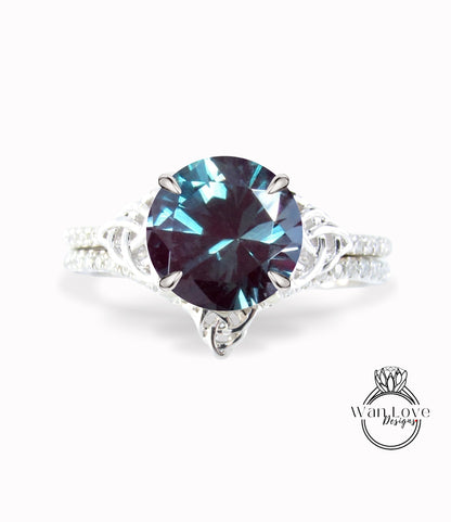 Alexandrite & Celtic knot Alexandrite Bridal Rings Set, Celtic Diamond Rings, Round Engagement Ring, Curved Diamond Wedding Band, Anniversary Ring gift