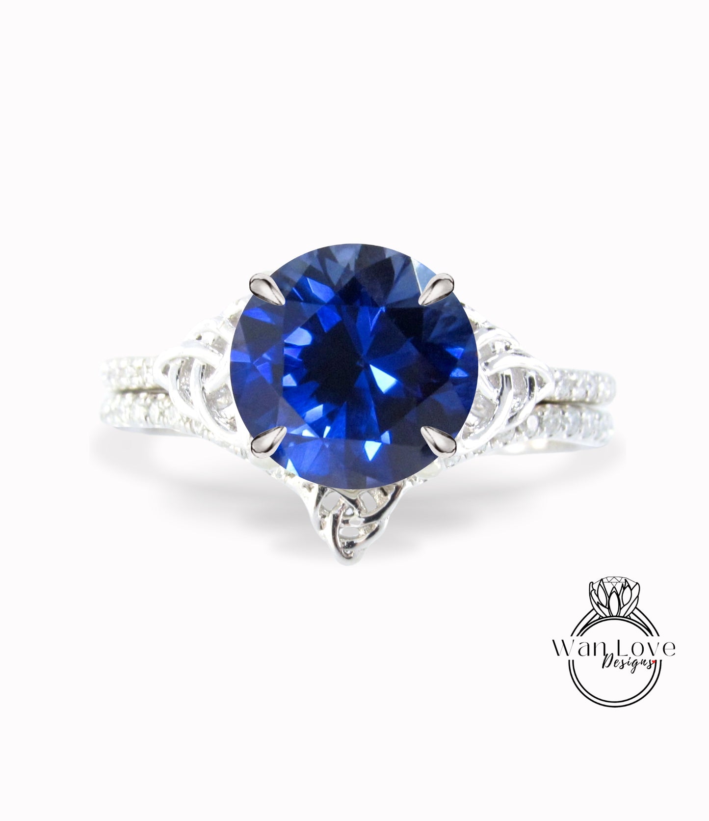 Set di anelli da sposa con zaffiro blu celtico, anelli di diamanti celtici, anello di fidanzamento rotondo, fede nuziale di diamanti, anello di anniversario di WanLoveDesigns