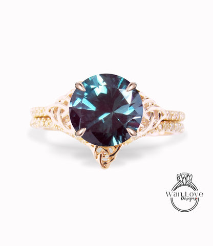 Alexandrite & Celtic knot Alexandrite Bridal Rings Set, Celtic Diamond Rings, Round Engagement Ring, Curved Diamond Wedding Band, Anniversary Ring gift