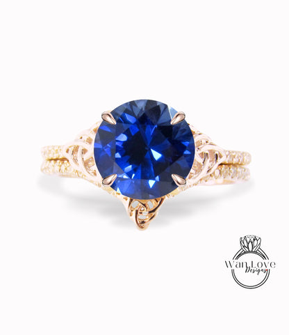 Set di anelli da sposa con zaffiro blu celtico, anelli di diamanti celtici, anello di fidanzamento rotondo, fede nuziale di diamanti, anello di anniversario di WanLoveDesigns