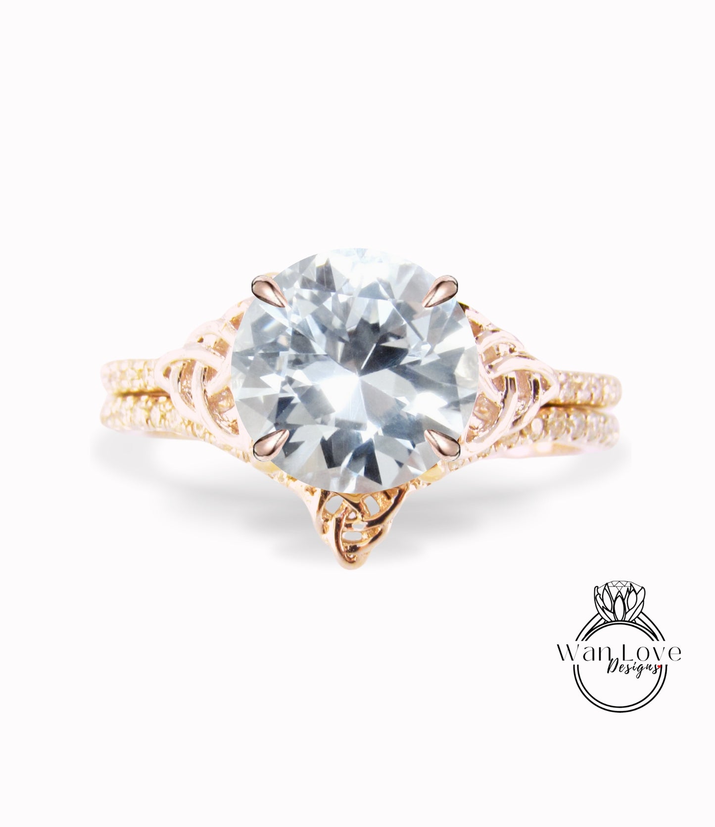 White Sapphire & Celtic knot White Sapphire Bridal Rings Set, Celtic Diamond Rings, Round Engagement Ring, Curved Diamond Wedding Band, Anniversary Ring gift