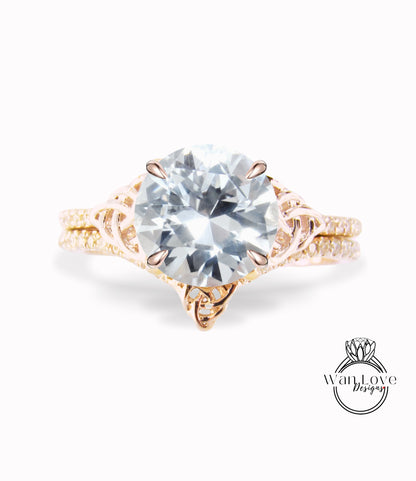 White Sapphire & Celtic knot White Sapphire Bridal Rings Set, Celtic Diamond Rings, Round Engagement Ring, Curved Diamond Wedding Band, Anniversary Ring gift