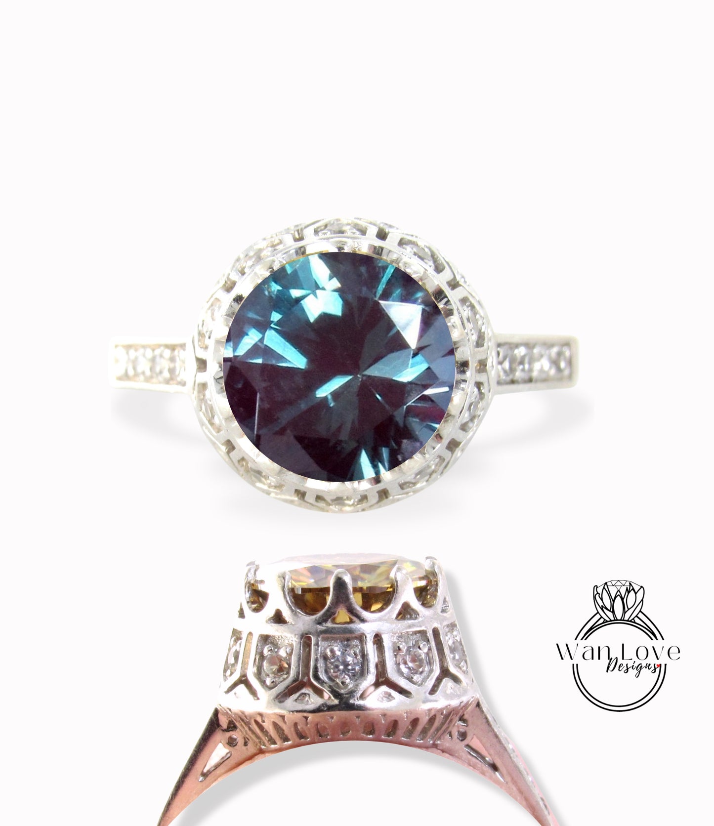 Anello di fidanzamento in filigrana con corona in stile vintage antico con diamanti alessandrite, regalo personalizzato per anniversario di matrimonio da 2 ct, 8 mm