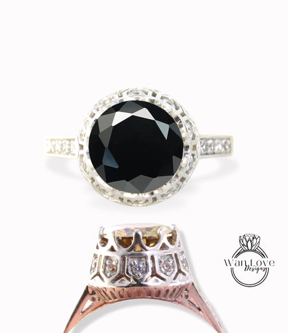 Anello di fidanzamento rotondo in filigrana con corona in stile vintage antico con diamanti spinello nero, 2 ct, 8 mm, regalo personalizzato per anniversario di matrimonio