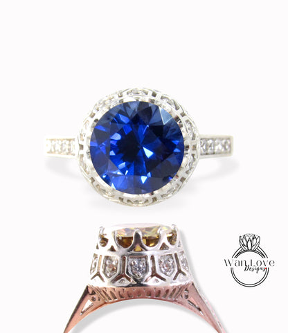 Anello di fidanzamento in filigrana con corona in stile vintage antico e diamanti con zaffiro blu, regalo personalizzato per anniversario di matrimonio da 2 ct 8 mm