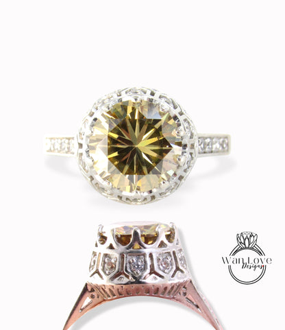 Anello di fidanzamento in filigrana con corona in stile vintage antico con diamanti Moissanite champagne, anello rotondo antico unico, anello nuziale nuziale