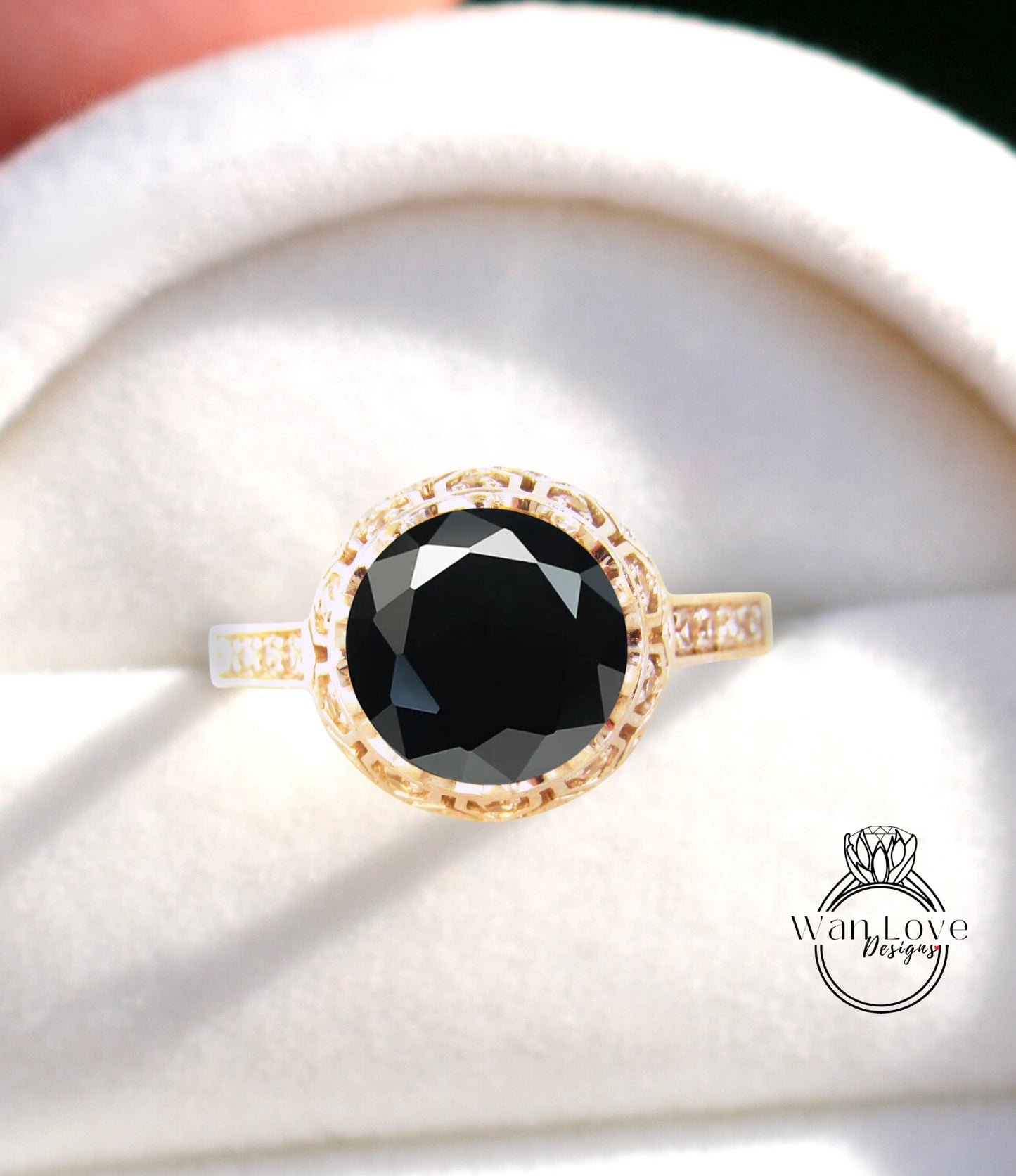 Anello di fidanzamento rotondo in filigrana con corona in stile vintage antico con diamanti spinello nero, 2 ct, 8 mm, regalo personalizzato per anniversario di matrimonio