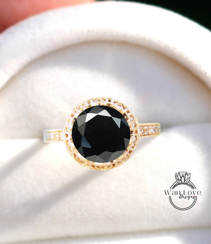 Anello di fidanzamento rotondo in filigrana con corona in stile vintage antico con diamanti spinello nero, 2 ct, 8 mm, regalo personalizzato per anniversario di matrimonio