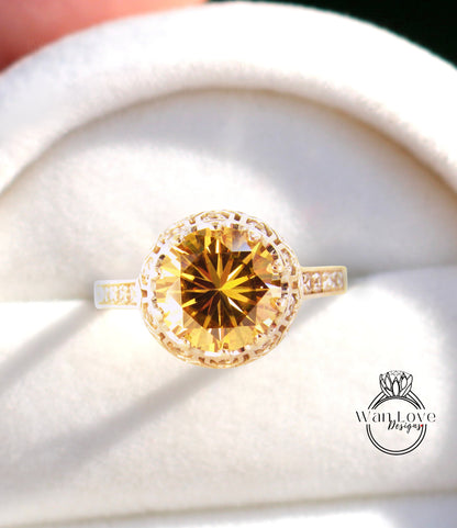 Anello di fidanzamento in filigrana con corona in stile vintage antico con diamanti Moissanite champagne, anello rotondo antico unico, anello nuziale nuziale