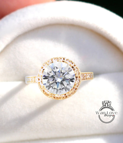 Anello di fidanzamento in filigrana con corona in stile vintage antico con diamanti Moissanite champagne, anello rotondo antico unico, anello nuziale nuziale