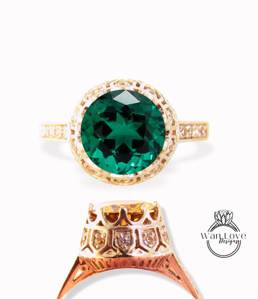 Emerald & Diamonds Antique Vintage Style Crown Royalty Filigree Engagement Ring 2ct 8mm Custom Wedding Anniversary Gift