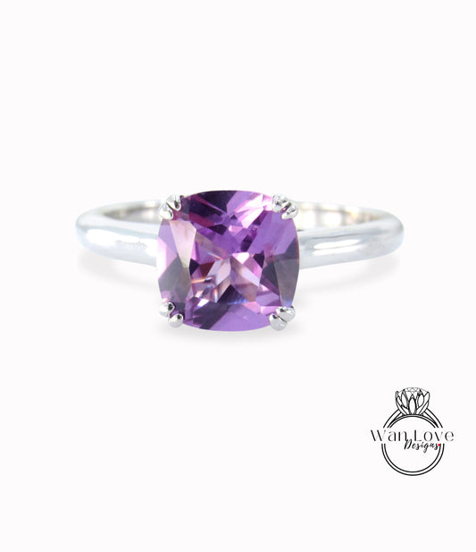 Purple Sapphire Alexandrite Color Cushion Engagement Ring Solitaire ring 3ct 8mm Bridal wedding jewelry promise ring Anniversary gift-Ready