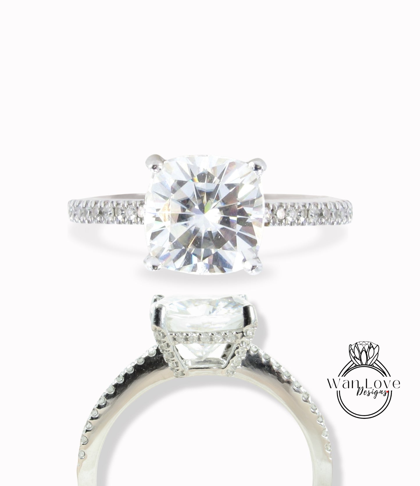 Cushion cut moissanite engagement ring white gold diamond side halo art deco half eternity ring vintage pave ring bridal anniversary ring