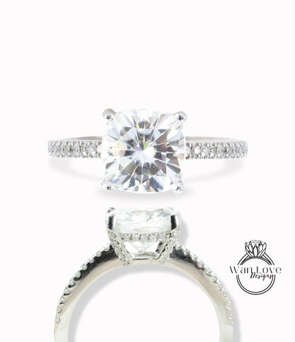 Cushion cut moissanite engagement ring white gold diamond side halo art deco half eternity ring vintage pave ring bridal anniversary ring