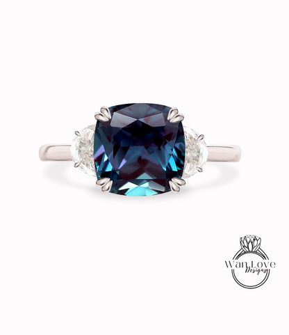 Anello di fidanzamento con alessandrite taglio cuscino anello di fidanzamento vintage di celebrità in oro rosa donna 3 gemme Anello nuziale nuziale Regalo di anniversario