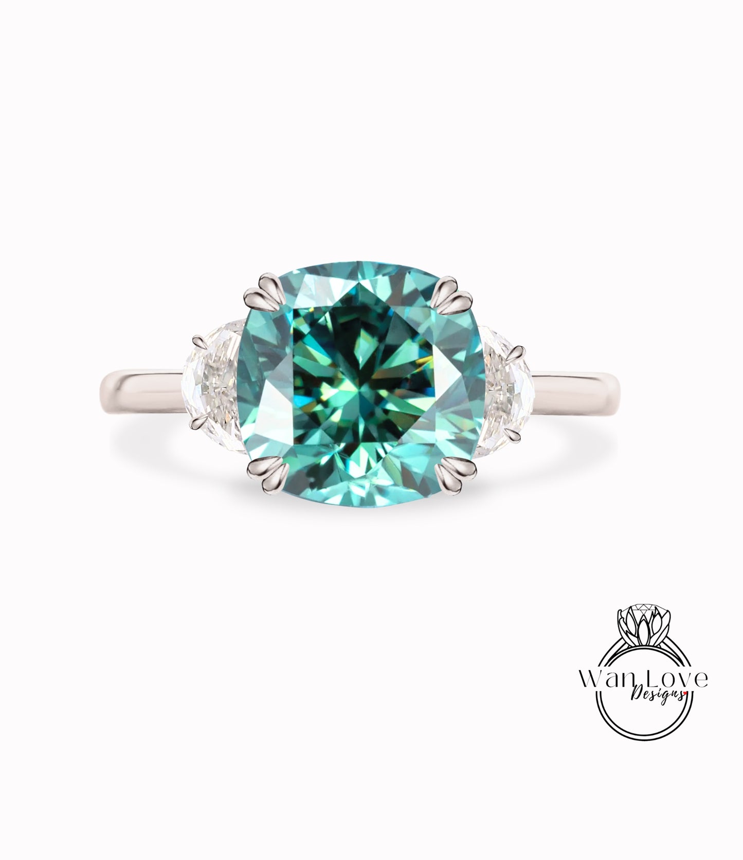 Blue Green Moissanite & Diamond Half Moon Cushion cut Engagement ring gold celebrity vintage style ring woman 3 gem stone Wedding Bridal ring Anniversary gift