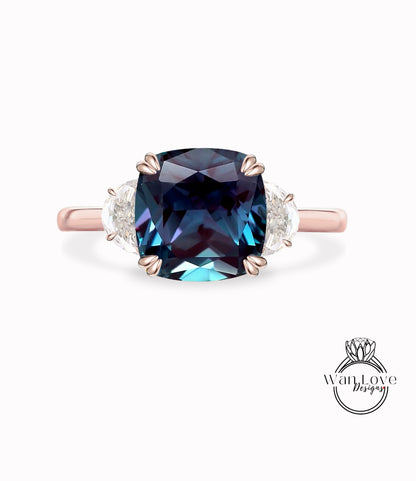 Anello di fidanzamento con alessandrite taglio cuscino anello di fidanzamento vintage di celebrità in oro rosa donna 3 gemme Anello nuziale nuziale Regalo di anniversario