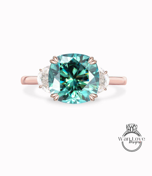 Anello di fidanzamento Moissanite verde blu con taglio a cuscino, anello di fidanzamento vintage con celebrità in oro, donna, 3 gemme, anello nuziale, regalo di anniversario