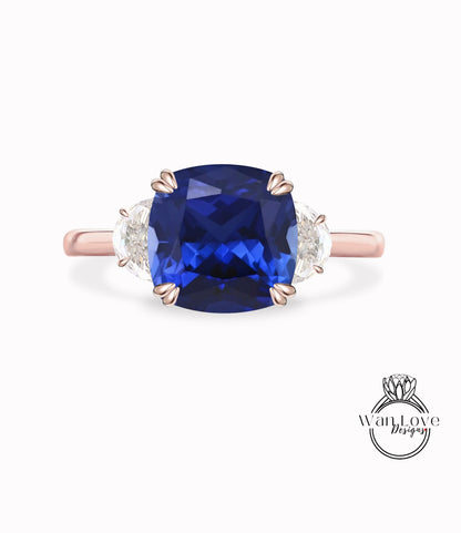 Blue Sapphire & Diamond Half moon 3 gem stone plain band engagement ring rose gold celebrity vintage engagement ring woman 3 gemstone Wedding Bridal ring Anniversary gift