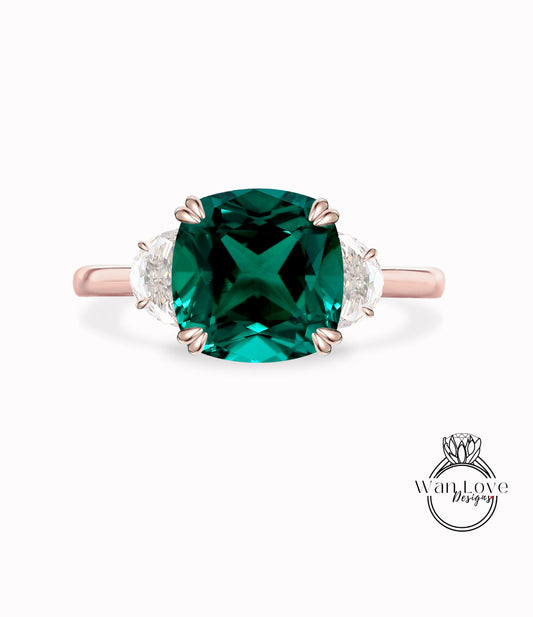 Emerald & Diamond Half moon 3 gem stone plain band engagement ring rose gold celebrity vintage engagement ring woman 3 gemstone Wedding Bridal ring Anniversary gift