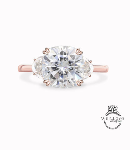 Moissanite & Diamond Half moon 3 gem stone plain band engagement ring rose gold celebrity vintage engagement ring woman 3 gemstone Wedding Bridal ring Anniversary gift