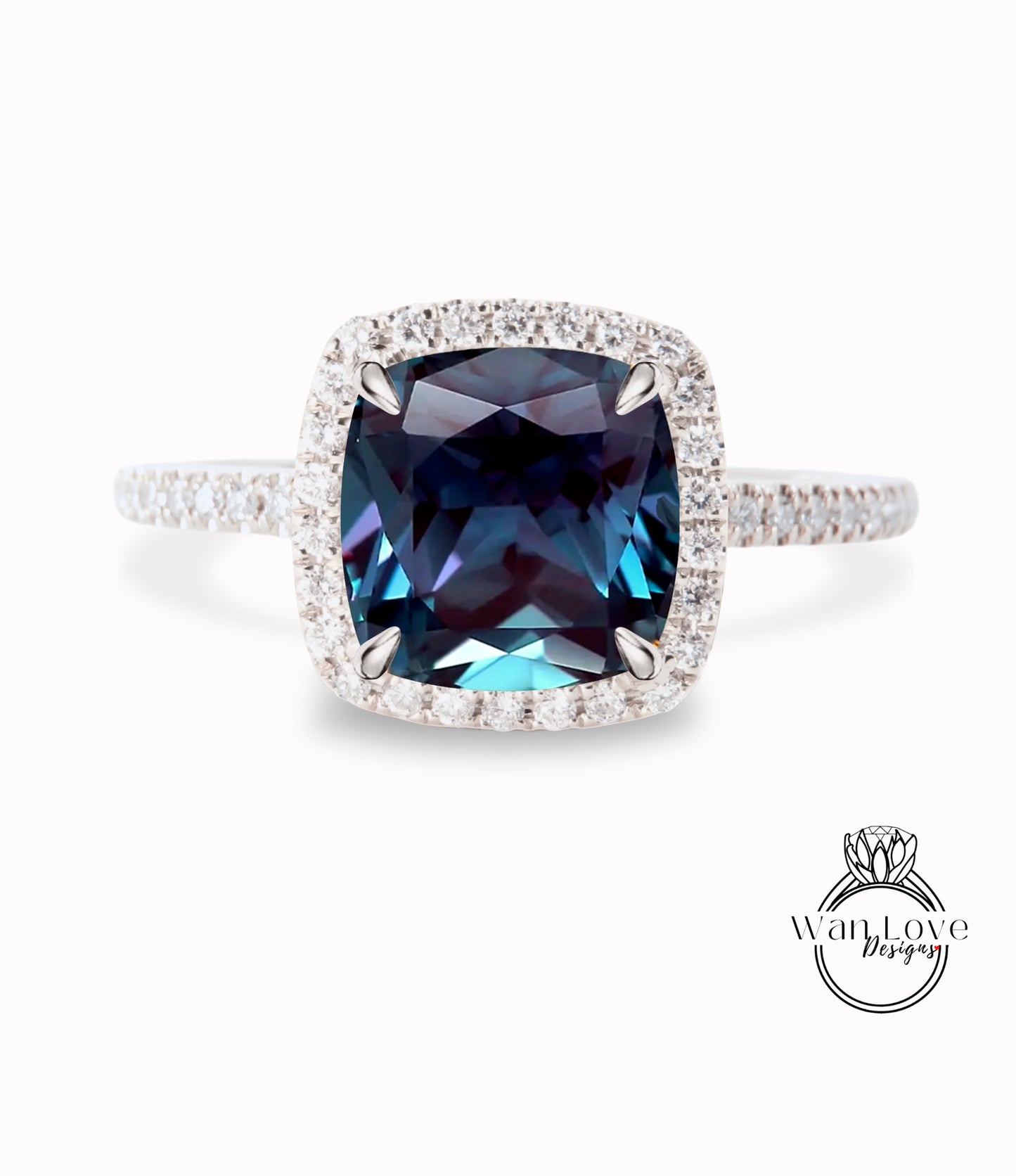 Alexandrite & Diamond Cushion Halo Engagement Ring, Half Eternity Rose White Gold ring Custom, Bridal Wedding ring, Anniversary Gift