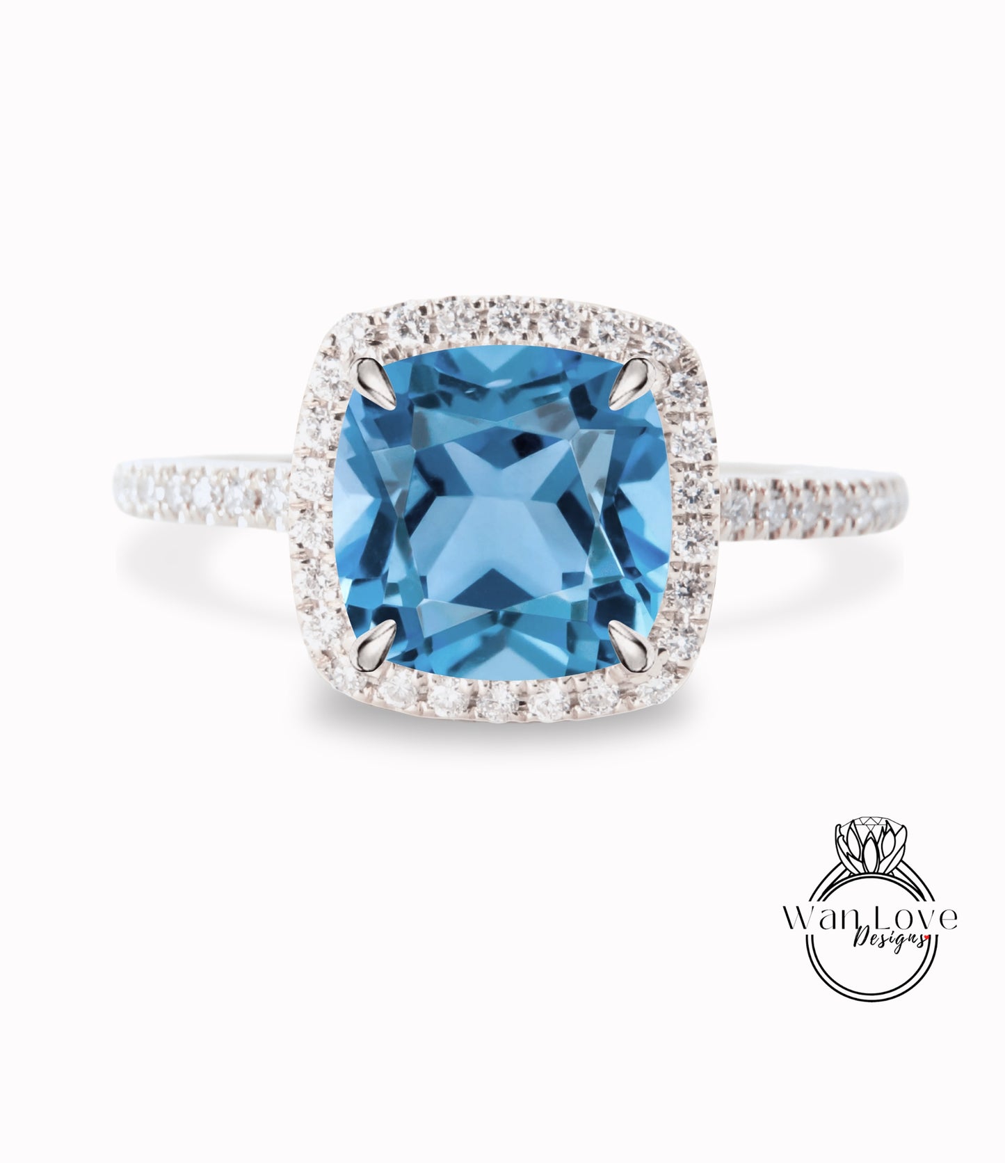 Aquamarine Blue Spinel & Diamond Cushion Halo Engagement Ring, Half Eternity Rose White Gold ring Custom, Bridal Wedding ring, Anniversary Gift