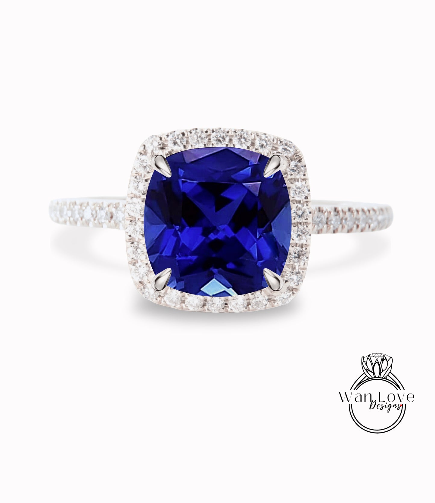 Blue Sapphire & Diamond Cushion Halo Engagement Ring, Half Eternity Rose White Gold ring Custom, Bridal Wedding ring, Anniversary Gift