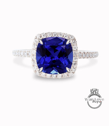 Blue Sapphire & Diamond Cushion Halo Engagement Ring, Half Eternity Rose White Gold ring Custom, Bridal Wedding ring, Anniversary Gift