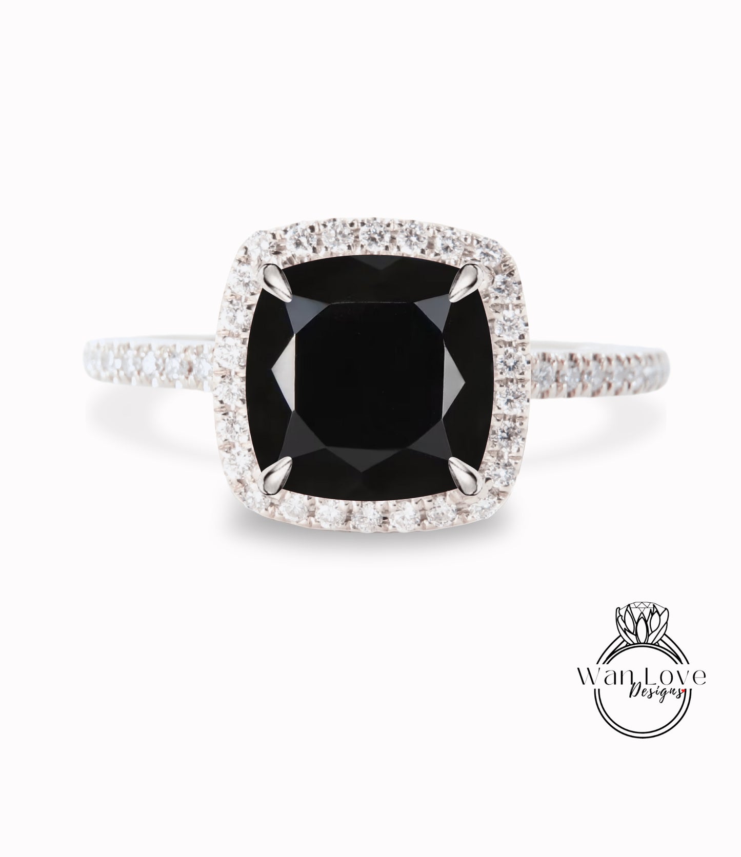 Black Spinel & Diamond Cushion Halo Engagement Ring, Half Eternity Rose White Gold ring Custom, Bridal Wedding ring, Anniversary Gift
