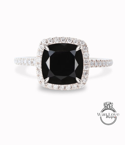 Black Spinel & Diamond Cushion Halo Engagement Ring, Half Eternity Rose White Gold ring Custom, Bridal Wedding ring, Anniversary Gift