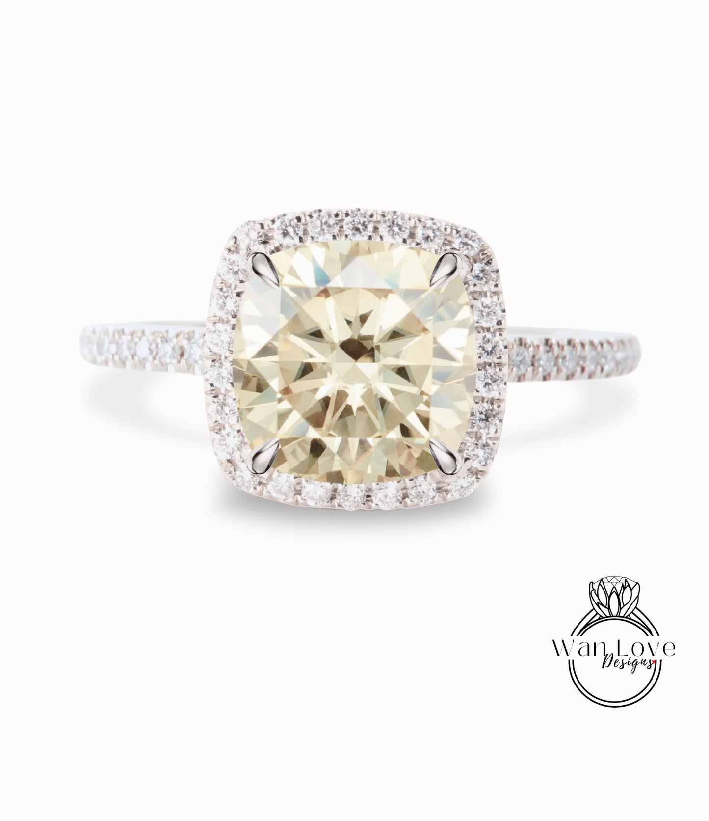 Champagne Moissanite & Diamond Cushion Halo Engagement Ring, Half Eternity Rose White Gold ring Custom, Bridal Wedding ring, Anniversary Gift