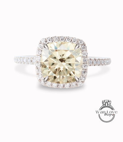 Champagne Moissanite & Diamond Cushion Halo Engagement Ring, Half Eternity Rose White Gold ring Custom, Bridal Wedding ring, Anniversary Gift