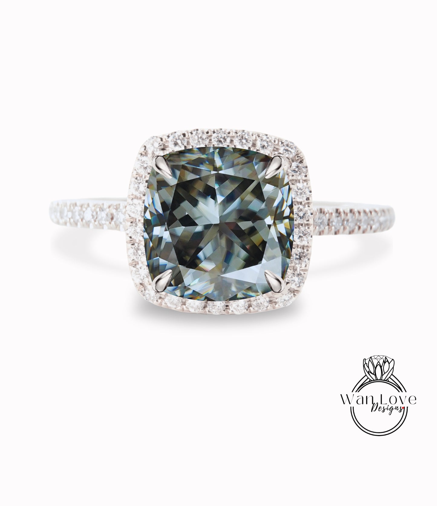 Anello di fidanzamento con Moissanite grigio, Anello Moissanite con diamante Halo cuscino, Anello con diamante di fidanzamento grigio, Banda smerlata con foglie Milgrain