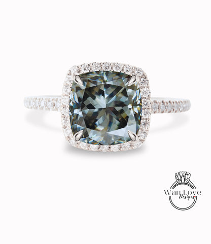 Anello di fidanzamento con Moissanite grigio, Anello Moissanite con diamante Halo cuscino, Anello con diamante di fidanzamento grigio, Banda smerlata con foglie Milgrain