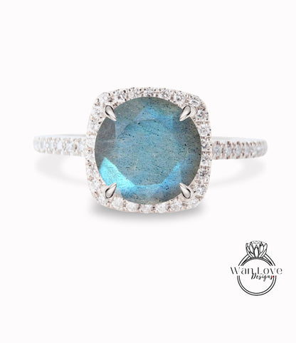 Labradorite & Diamond Cushion Halo Engagement Ring, Half Eternity Rose White Gold ring Custom, Bridal Wedding ring, Anniversary Gift