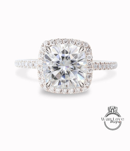 Cuscino Halo con diamante Anello Moissanite con diamante a taglio rotondo Anello di fidanzamento Art Déco in oro rosa con cuscino Anello vintage con promessa di matrimonio