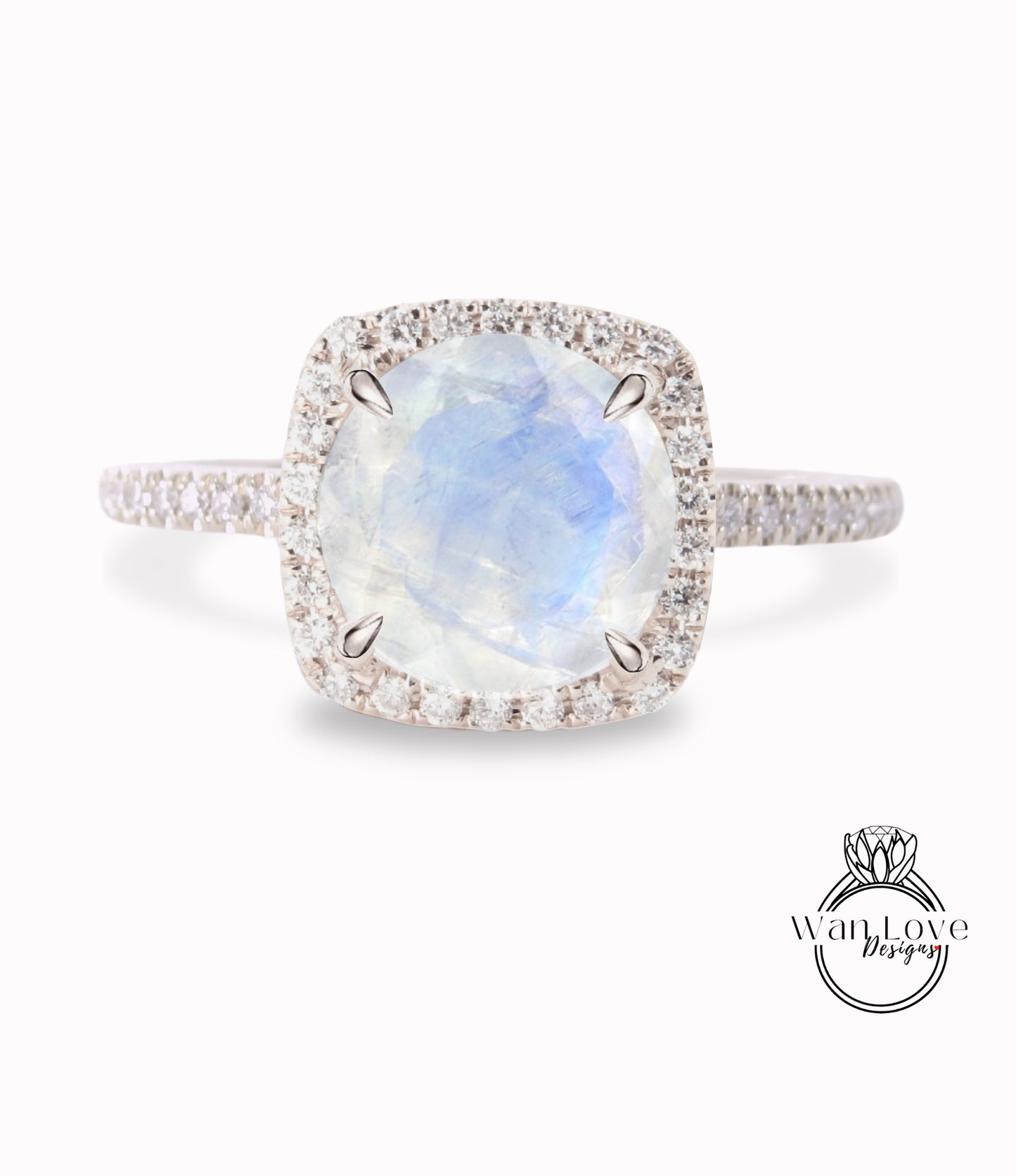 Moonstone & Diamond Cushion Halo Engagement Ring, Round cut, 14k 18k White Yellow Rose Gold,Platinum,Custom,Wedding,Anniversary Gift