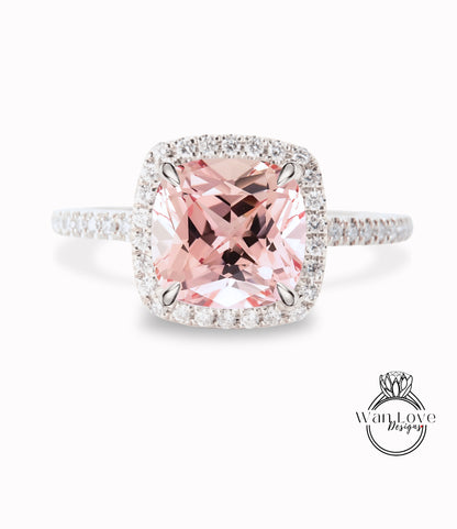 Anello di fidanzamento con zaffiro pesca con taglio a cuscino, anello vintage Art Déco in oro rosa con diamanti, pietra portafortuna, anello di promessa per l'anniversario di matrimonio