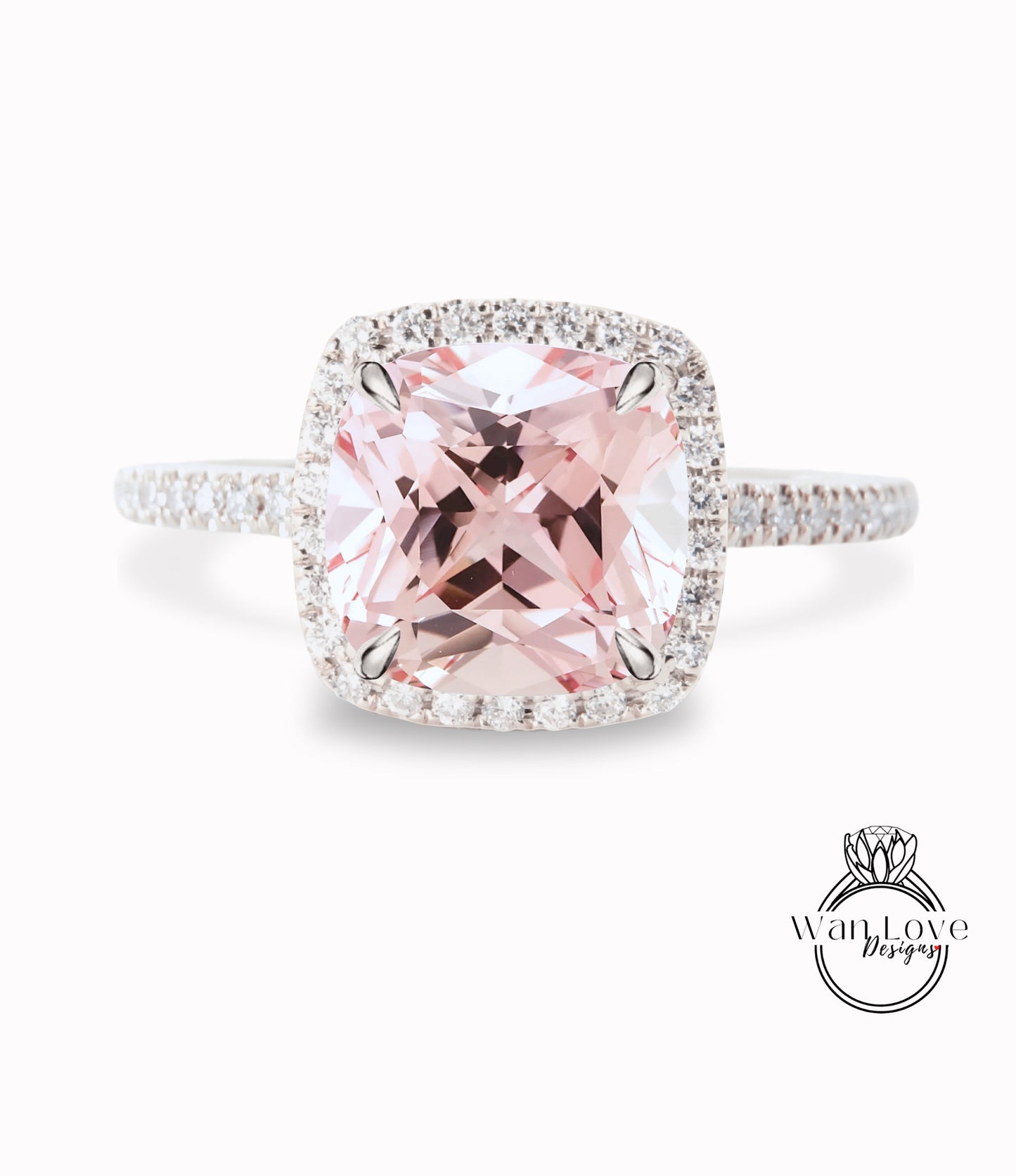 Light Pink Sapphire & Diamond Cushion Halo Engagement Ring, Half Eternity Rose White Gold ring Custom, Bridal Wedding ring, Anniversary Gift