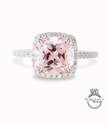 Light Pink Sapphire & Diamond Cushion Halo Engagement Ring, Half Eternity Rose White Gold ring Custom, Bridal Wedding ring, Anniversary Gift