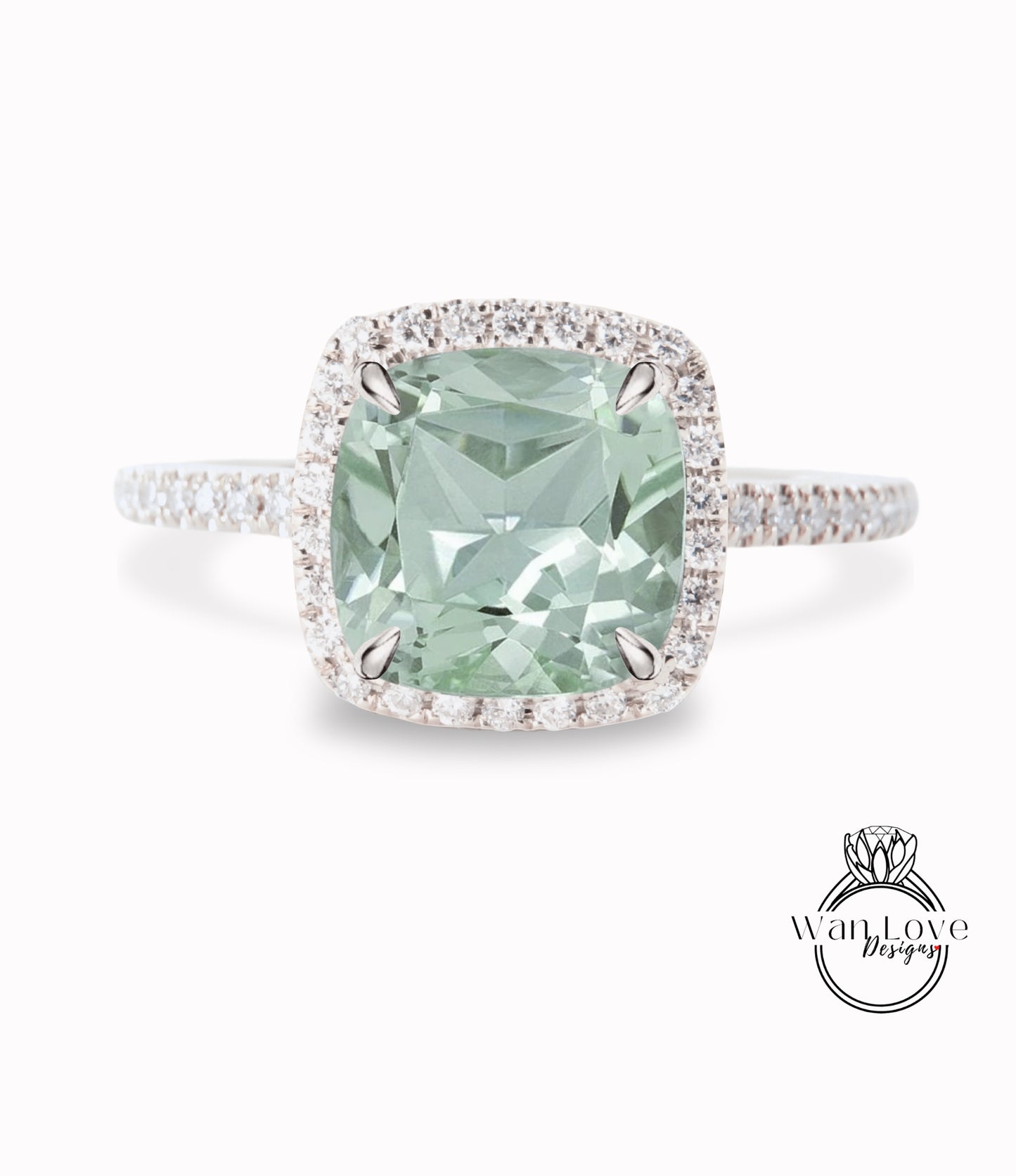 Prasiolite Green Amethyst & Diamond Cushion Halo Engagement Ring, Half Eternity Rose White Gold ring Custom, Bridal Wedding ring, Anniversary Gift