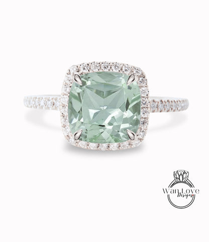 Prasiolite Green Amethyst & Diamond Cushion Halo Engagement Ring, Half Eternity Rose White Gold ring Custom, Bridal Wedding ring, Anniversary Gift